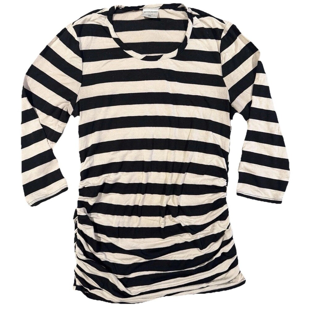Motherhood Maternity Black & White 3/4 Sleeve Stripe Shirt Small Side Ruched EUC
